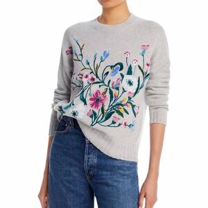 Cashmere Floral Embroidered Crew Neck Sweater Large